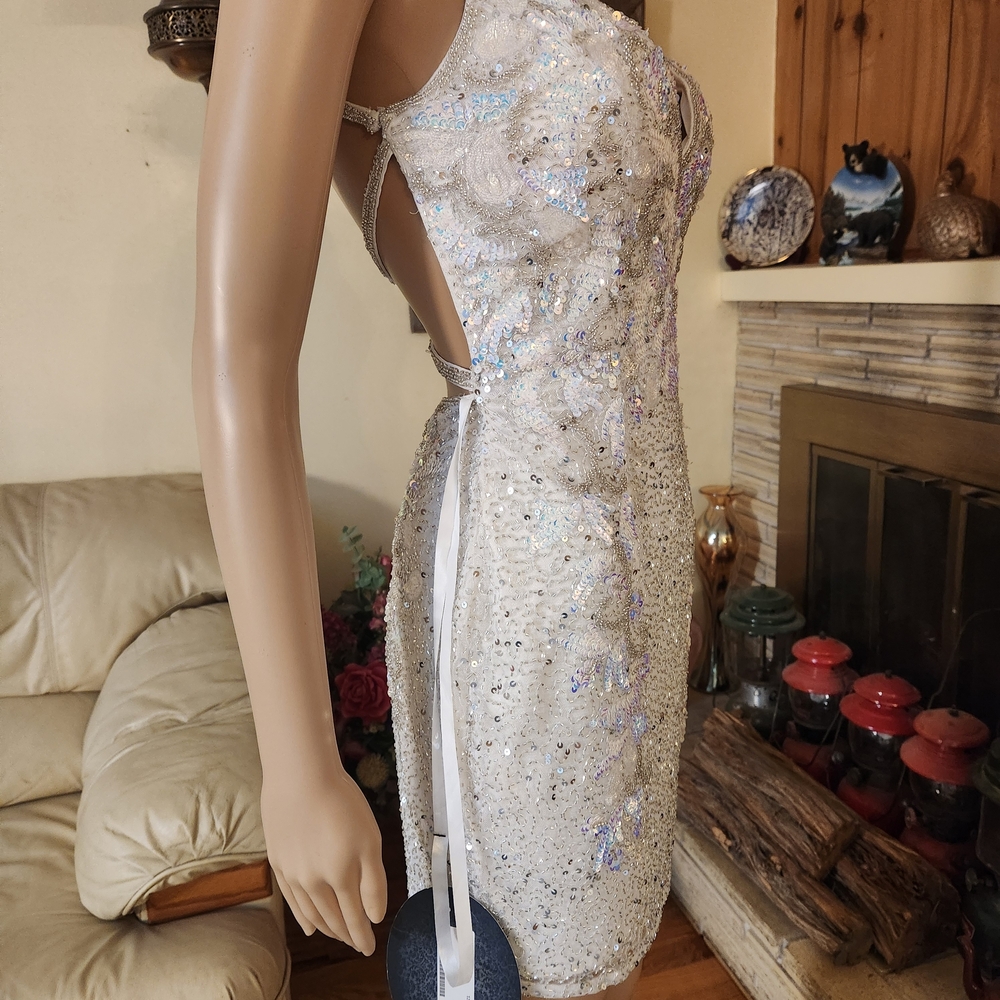 Sequin Embellished White Mini Dress with Spaghetti Straps - Picture 5 of 15
